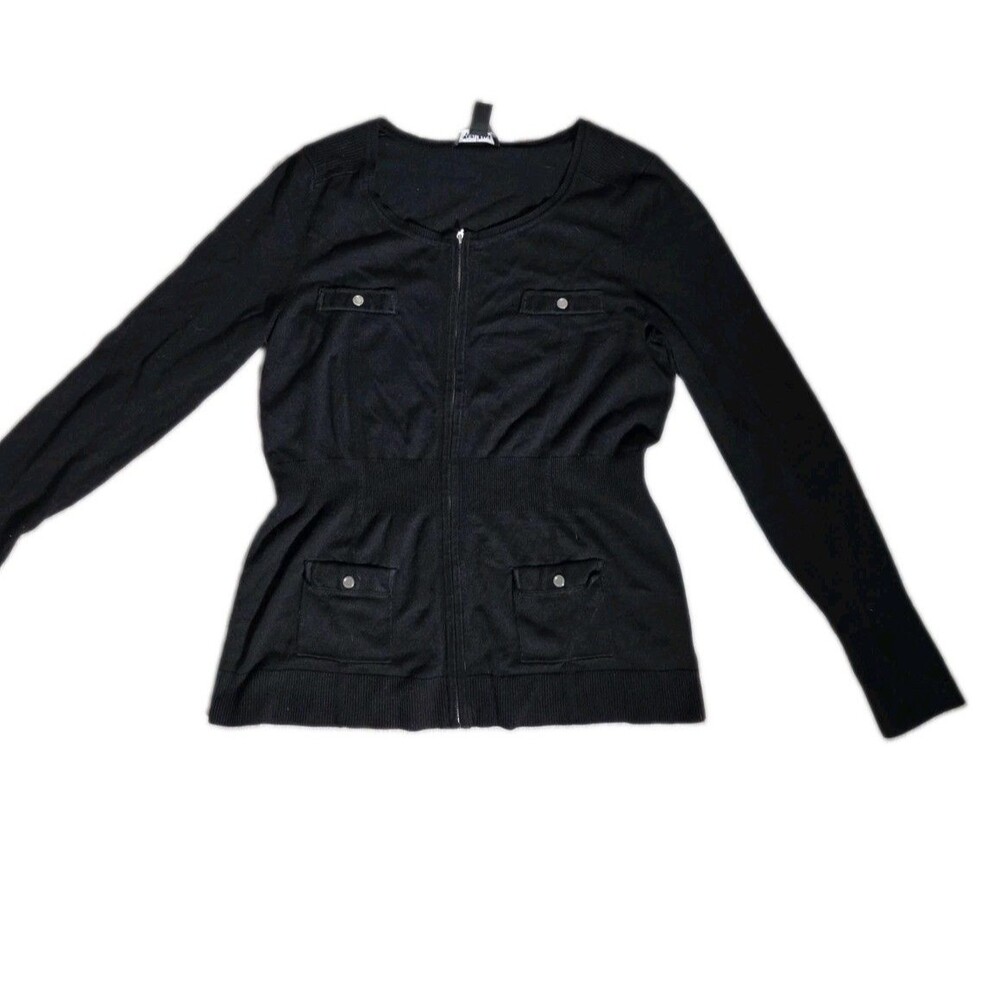 White House Black Market Black Zip Front Utility Cardigan Sweater Pockets XL GUC